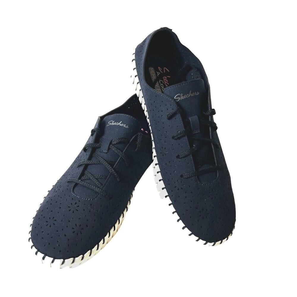 SKECHERS Air Cooled Memory Foam Womens 10 Navy Blue Fabric Lace Up Sneaker Flats